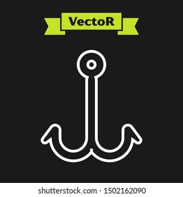 White line Fishing hook icon isolated on black background. Fishing tackle.  Vector Illustration