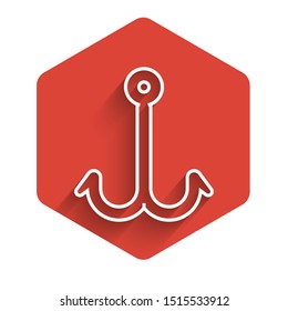 White line Fishing hook icon isolated with long shadow. Fishing tackle. Red hexagon button. Vector Illustration