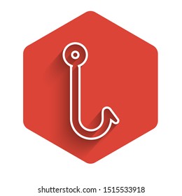 White line Fishing hook icon isolated with long shadow. Fishing tackle. Red hexagon button. Vector Illustration
