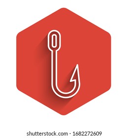 White line Fishing hook icon isolated with long shadow. Fishing tackle. Red hexagon button. Vector Illustration