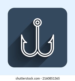 White line Fishing hook icon isolated with long shadow background. Fishing tackle. Blue square button. Vector