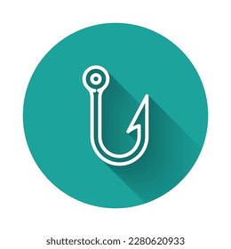 White line Fishing hook icon isolated with long shadow. Fishing tackle. Green circle button. Vector Illustration