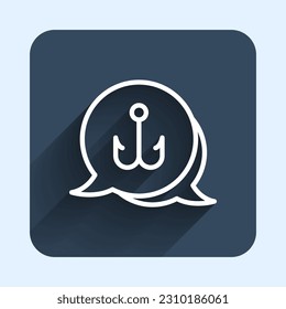 White line Fishing hook icon isolated with long shadow background. Fishing tackle. Blue square button. Vector