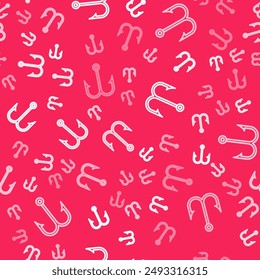 White line Fishing hook icon isolated seamless pattern on red background. Fishing tackle.  Vector