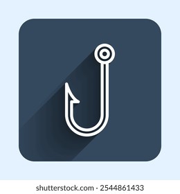 White line Fishing hook icon isolated with long shadow background. Fishing tackle. Blue square button. Vector