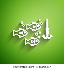 White line Fishing hook under water with fish icon isolated on green background. Fishing tackle.  Vector Illustration
