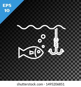 White line Fishing hook under water with fish icon isolated on transparent dark background. Fishing tackle.  Vector Illustration