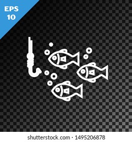 White line Fishing hook under water with fish icon isolated on transparent dark background. Fishing tackle.  Vector Illustration