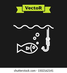 White line Fishing hook under water with fish icon isolated on black background. Fishing tackle.  Vector Illustration
