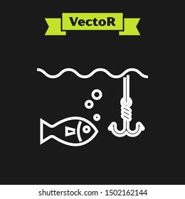 White line Fishing hook under water with fish icon isolated on black background. Fishing tackle.  Vector Illustration