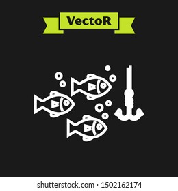 White line Fishing hook under water with fish icon isolated on black background. Fishing tackle.  Vector Illustration
