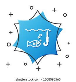 White line Fishing hook under water with fish icon isolated on white background. Fishing tackle. Blue hexagon button. Vector Illustration