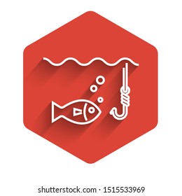 White line Fishing hook under water with fish icon isolated with long shadow. Fishing tackle. Red hexagon button. Vector Illustration
