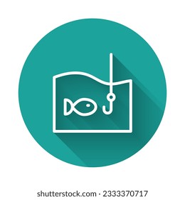 White line Fishing hook under water with fish icon isolated with long shadow. Fishing tackle. Green circle button. Vector