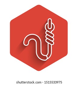 White line Fishing hook and worm icon isolated with long shadow. Fishing tackle. Red hexagon button. Vector Illustration