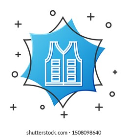 White line Fishing jacket icon isolated on white background. Fishing vest. Blue hexagon button. Vector Illustration