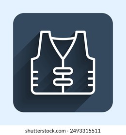 White line Fishing jacket icon isolated with long shadow background. Fishing vest. Blue square button. Vector