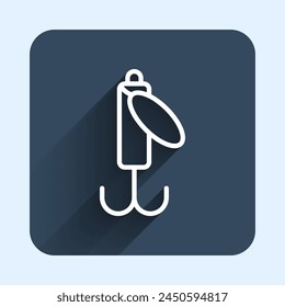 White line Fishing lure icon isolated with long shadow background. Fishing tackle. Blue square button. Vector