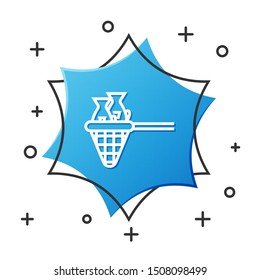 White line Fishing net with fish icon isolated on white background. Blue hexagon button. Vector Illustration