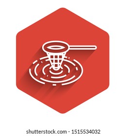 White line Fishing net in water icon isolated with long shadow. Fishing tackle. Red hexagon button. Vector Illustration