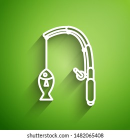 White line Fishing rod and fish icon isolated on green background. Fishing equipment and fish farming topics.  Vector Illustration