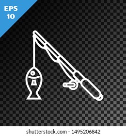 White line Fishing rod and fish icon isolated on transparent dark background. Fishing equipment and fish farming topics.  Vector Illustration