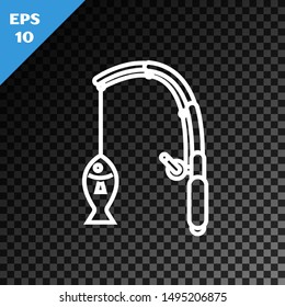 White line Fishing rod and fish icon isolated on transparent dark background. Fishing equipment and fish farming topics.  Vector Illustration
