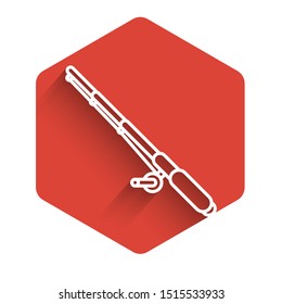 White line Fishing rod icon isolated with long shadow. Fishing equipment and fish farming topics. Red hexagon button. Vector Illustration