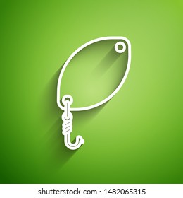 White line Fishing spoon icon isolated on green background. Fishing baits in shape of fish. Fishing tackle.  Vector Illustration
