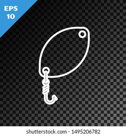 White line Fishing spoon icon isolated on transparent dark background. Fishing baits in shape of fish. Fishing tackle.  Vector Illustration