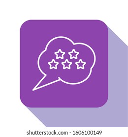 White line Five stars customer product rating review icon isolated on white background. Favorite, best rating, award symbol. Purple square button. Vector Illustration