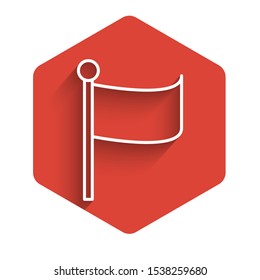 White line Flag icon isolated with long shadow. Location marker symbol. Red hexagon button. Vector Illustration