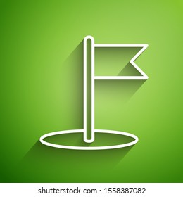 White line Flag icon isolated on green background. Location marker symbol.  Vector Illustration