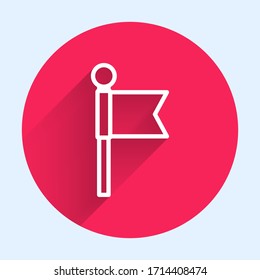 White line Flag icon isolated with long shadow. Location marker symbol. Red circle button. Vector Illustration