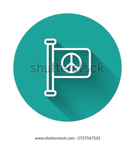White line Flag peace icon isolated with long shadow background. Hippie symbol of peace. Green circle button. Vector