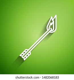 White line Flame arrow icon isolated on green background. Hipster arrow icon.  Vector Illustration