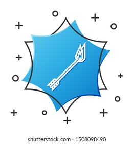 White line Flame arrow icon isolated on white background. Hipster arrow icon. Blue hexagon button. Vector Illustration