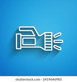White line Flashlight for diver icon isolated on blue background. Diving underwater equipment. Long shadow. Vector