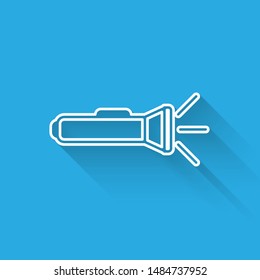 White line Flashlight icon isolated with long shadow.  Vector Illustration