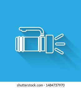 White line Flashlight icon isolated with long shadow. Tourist flashlight handle.  Vector Illustration