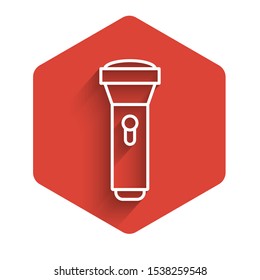 White line Flashlight icon isolated with long shadow. Red hexagon button. Vector Illustration
