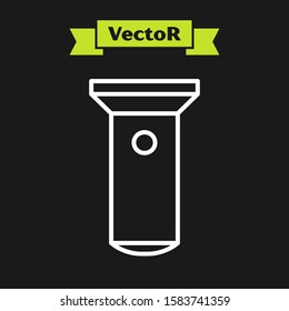 White line Flashlight icon isolated on black background.  Vector Illustration