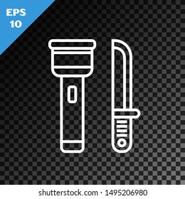 White line Flashlight and knife icon isolated on transparent dark background.  Vector Illustration