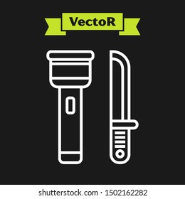 White line Flashlight and knife icon isolated on black background.  Vector Illustration