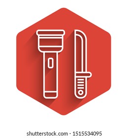 White line Flashlight and knife icon isolated with long shadow. Red hexagon button. Vector Illustration