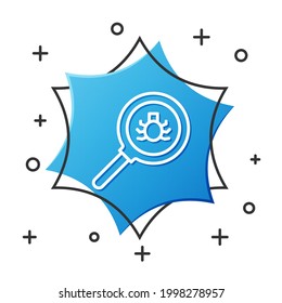 Weiße Linie Flea Suchsymbol einzeln auf weißem Hintergrund. Blauer Hexagon-Knopf. Vektorgrafik