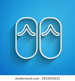 White line Flip flops icon isolated on blue background. Beach slippers sign. Long shadow. Vector