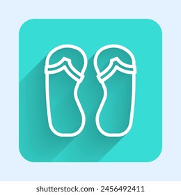 White line Flip flops icon isolated with long shadow. Beach slippers sign. Green square button. Vector