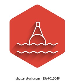 White line Floating buoy on the sea icon isolated with long shadow background. Red hexagon button. Vector Illustration