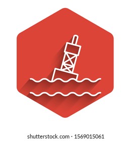 White line Floating buoy on the sea icon isolated with long shadow background. Red hexagon button. Vector Illustration